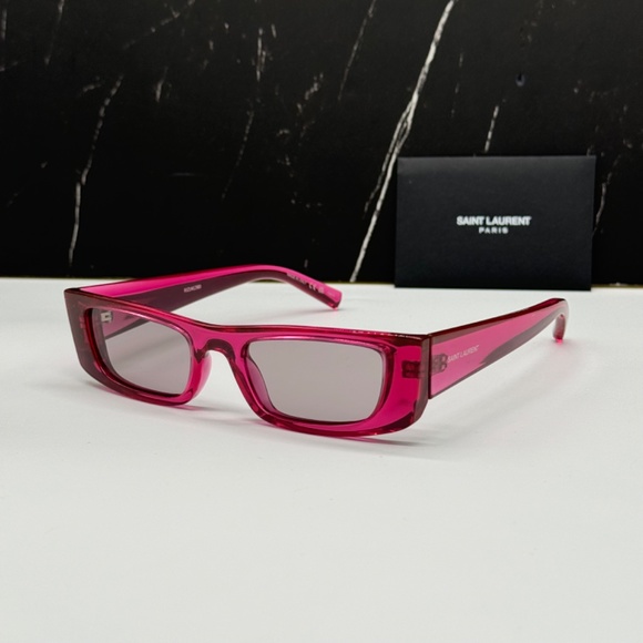New! Saint Laurent Transparent Pink Sunglasses, SL553 003, Unisex, Authentic Authentic Saint Laurent Rectangular Pink Frame Violet Lens  main image 2